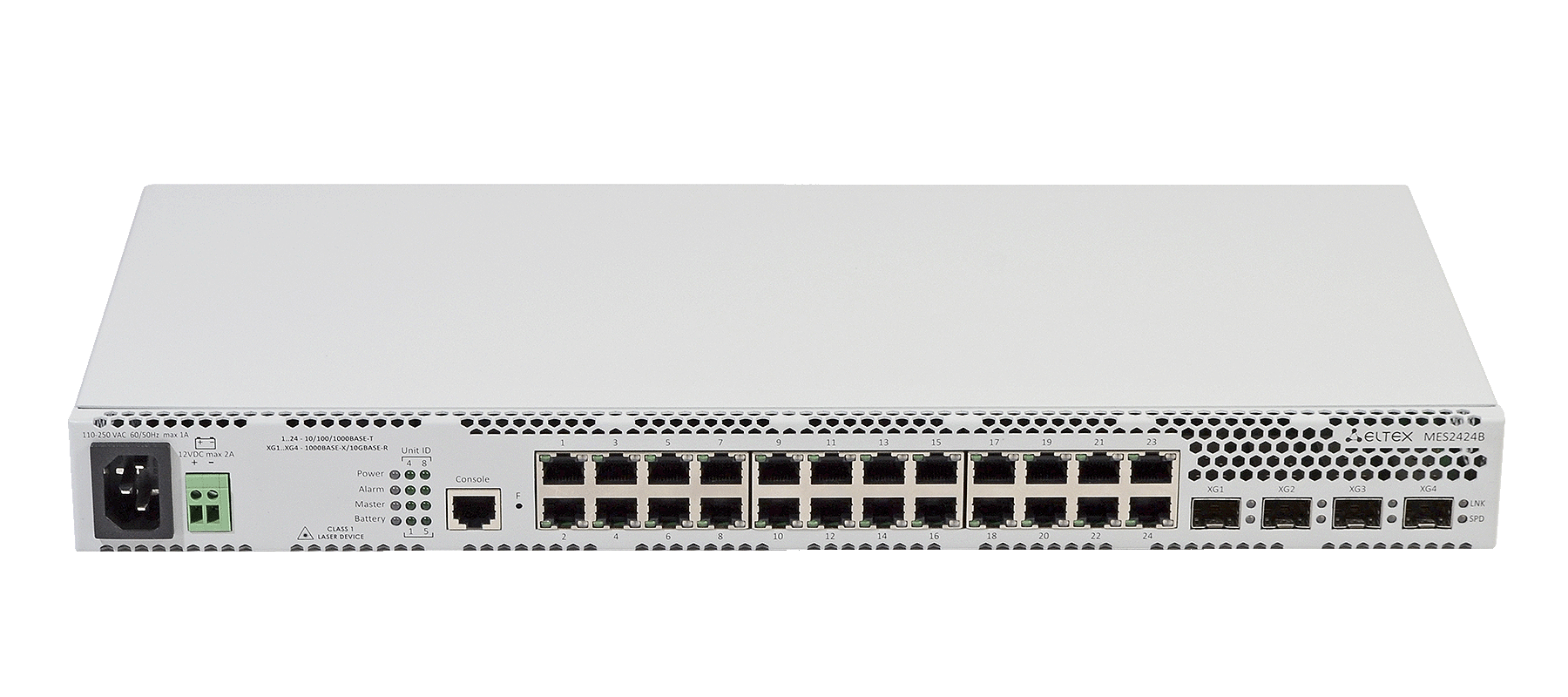 Ethernet-коммутатор MES2424B, 24x1G RJ45 + 4x1G/10G SFP+, L3, 220V AC/12V DC